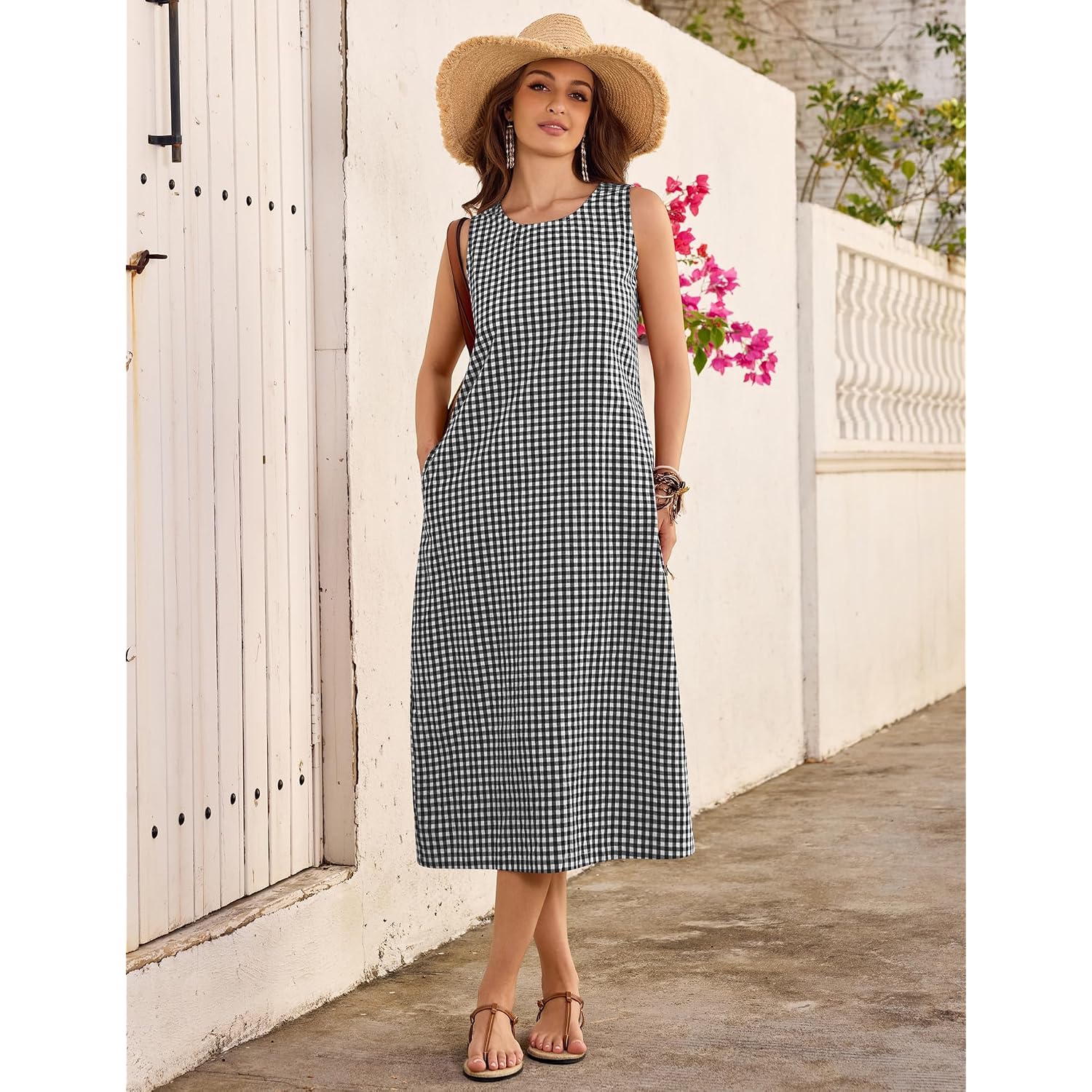 Lomon Summer Dresses For Women Cotton Casual Maxi Dress Beach Vacation Long Sundresses Plaid Striped With Pockets