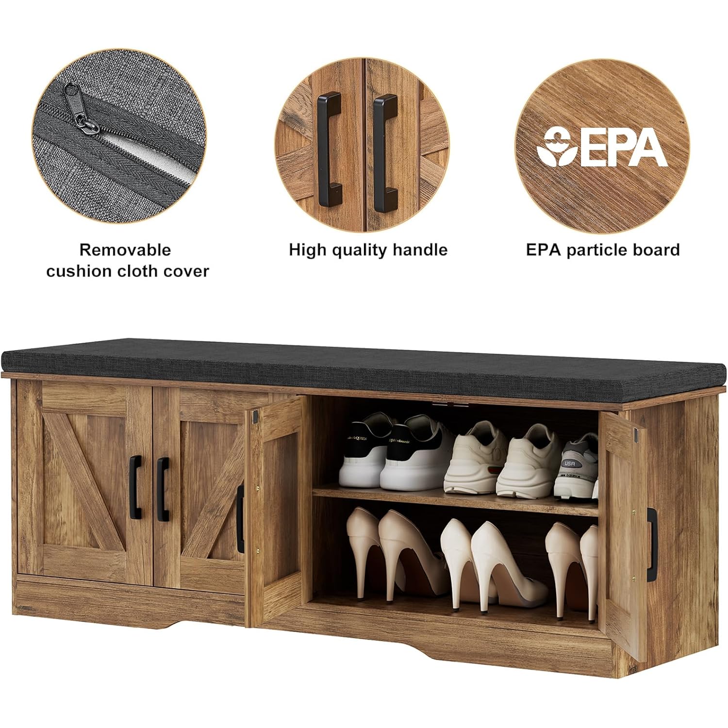 Homsho Farmhouse Shoe Storage Bench With 4 Barn Doors & Padded Seat Cushion | 47.2" Wide Entryway Bench With Adjustable Shelves & Hidden Storage, Rustic Walnut