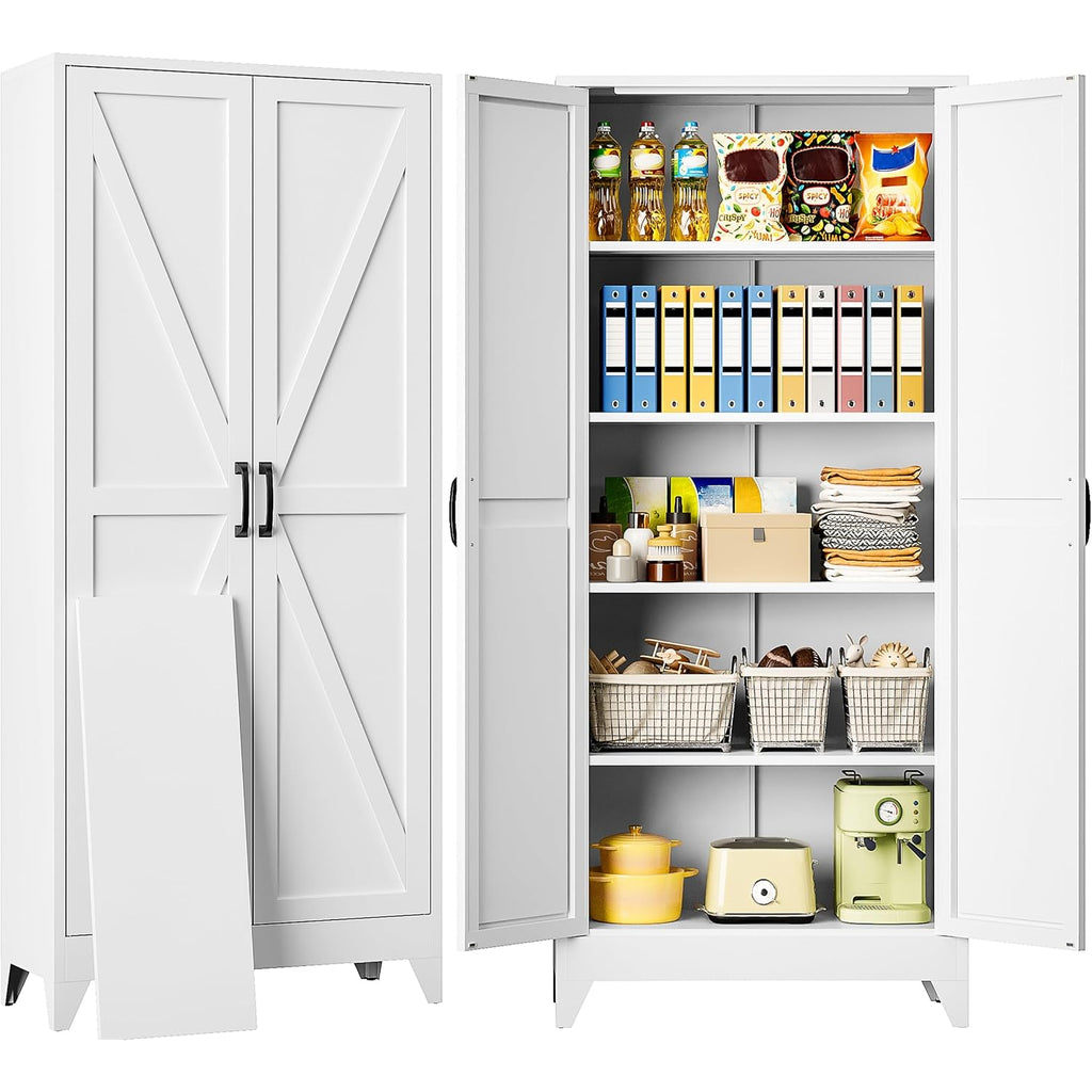 75" Tall Pantry Cabinet,Farmhouse Kitchen Pantry Storage Cabinets With 2 Doors And 5 Shelves,White Metal Storage Cabinet,Large Cupboard For Home,Kitchen,Dining/Living Room