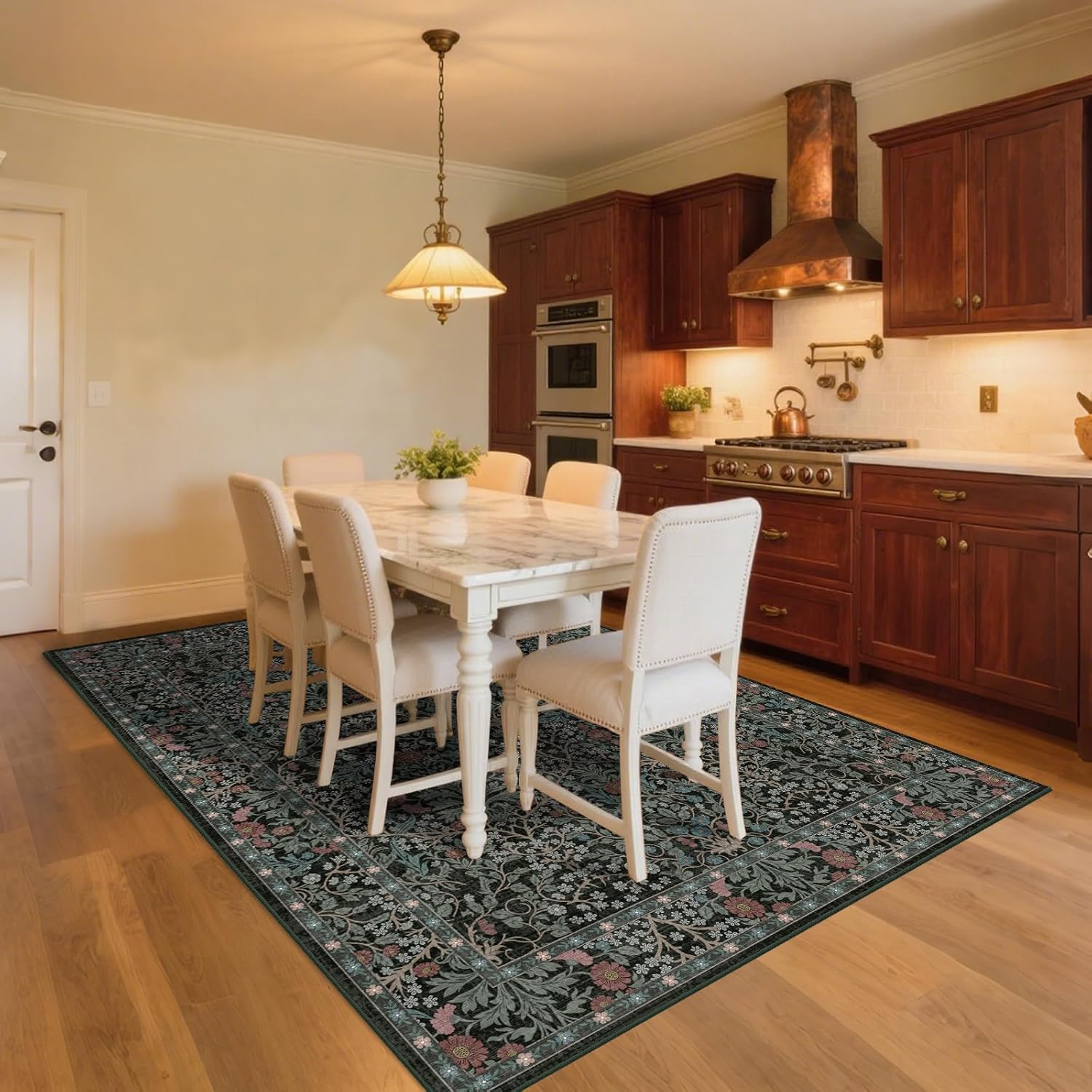 8x10 Washable Area Rugs for Living Room, Stain Resistant Vintage Rugs for Dining Room Under Kitchen Table, Bedroom, Floral Low Pile Non-Slip Large Carpet (8 x 10 Dark Green)