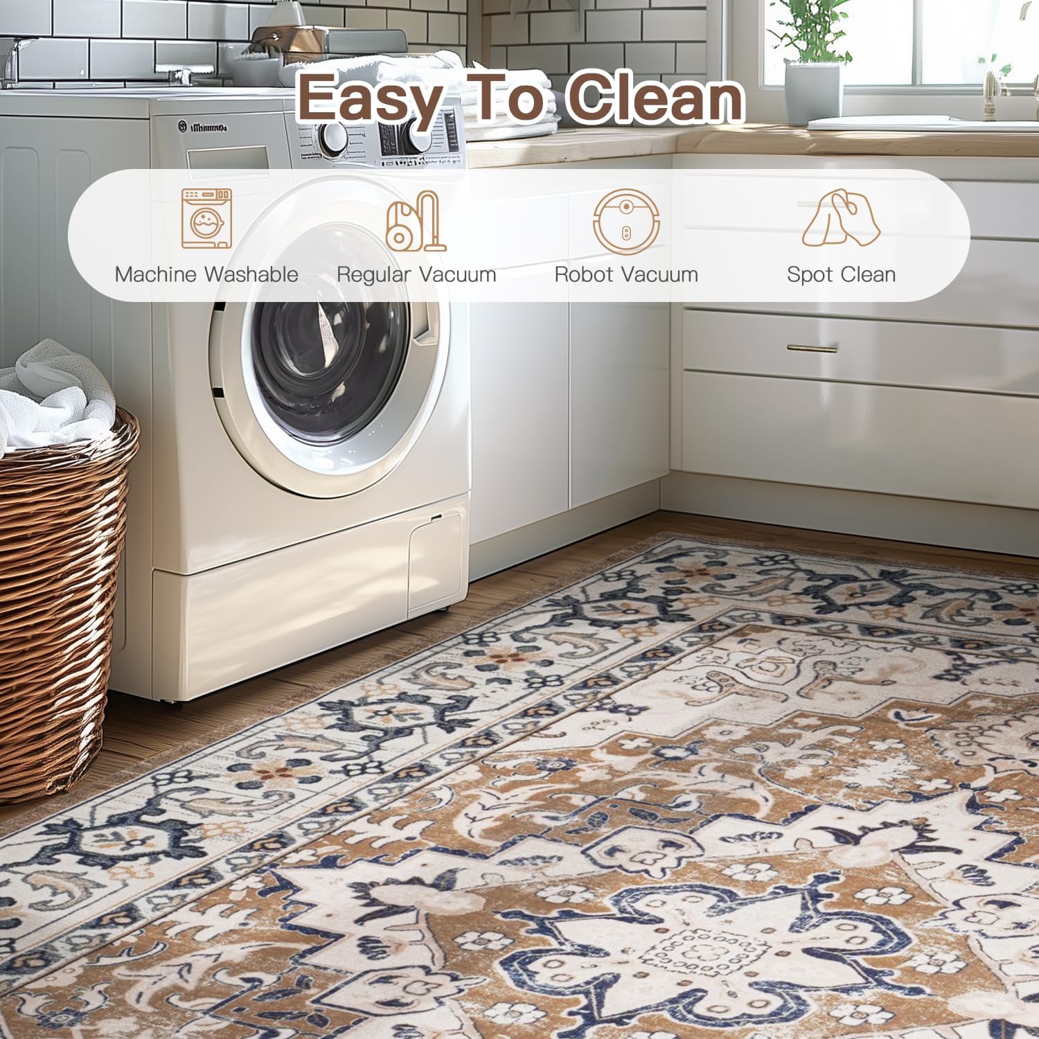 Lofus 5x7 Area Rugs for Living Room, Washable Area Rug, Rugs for Bedroom, Kitchen, Vintage Boho Carpet, Soft Non-Slip, Low Pile Large Area Rug for Office Dining Room, Floral Brown