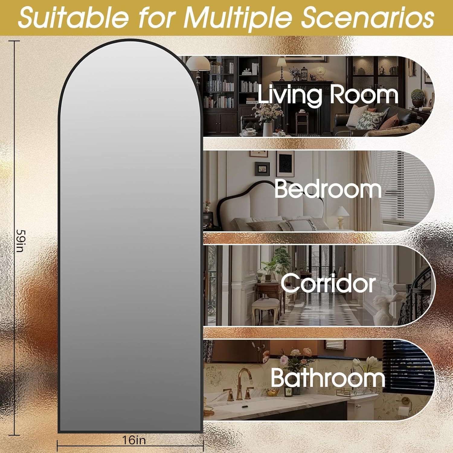 59"x16" Floor Mirror Full Length, Arched Full Length Mirror with Stand, Full Body Mirrors for Bedroom Living Room or Cloakroom Black