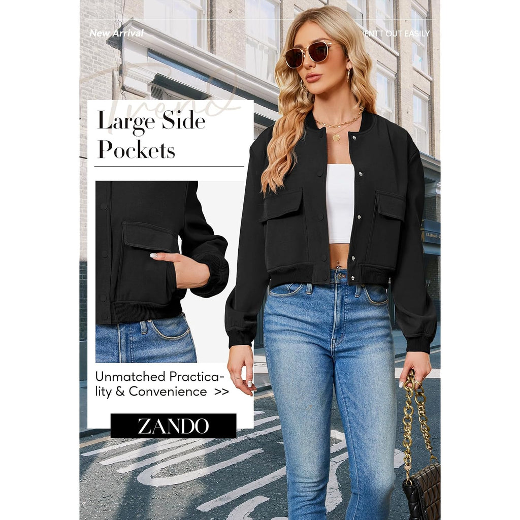 Zando Bomber Jacket Women 2026 - Short Cropped Jacket Women Button Down Long Sleeve Casual Varsity Jackets With Pockets
