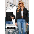 Zando Bomber Jacket Women 2026 - Short Cropped Jacket Women Button Down Long Sleeve Casual Varsity Jackets With Pockets