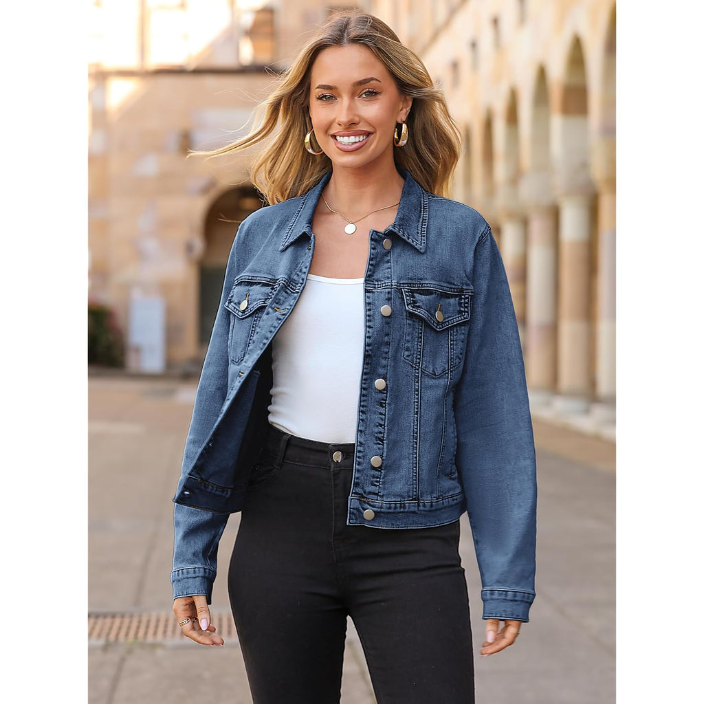 Glamaker Womens Jean Jacket 2026 Basic Trendy Long Sleeve Denim Jackets Button Down Fitted Western Coat With Pockets