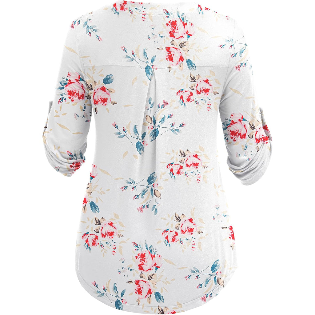 Women'S Plus Size Tops 3/4 Roll Sleeve Shirts V Neck Blouses Tunic Top