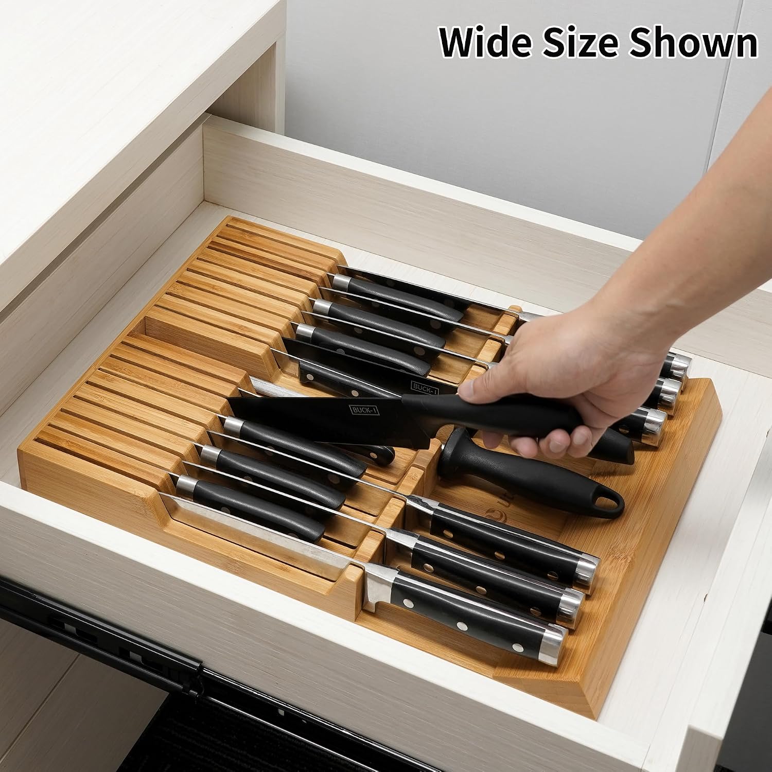 Utoplike In-Drawer Knife Block Bamboo Kitchen Knife Drawer Organizer Large, Handle Steak Knife Holder Without Knives, Fit For 16 Knife And 1 Sharpening Steel (Knives & Sharpening Not Included)