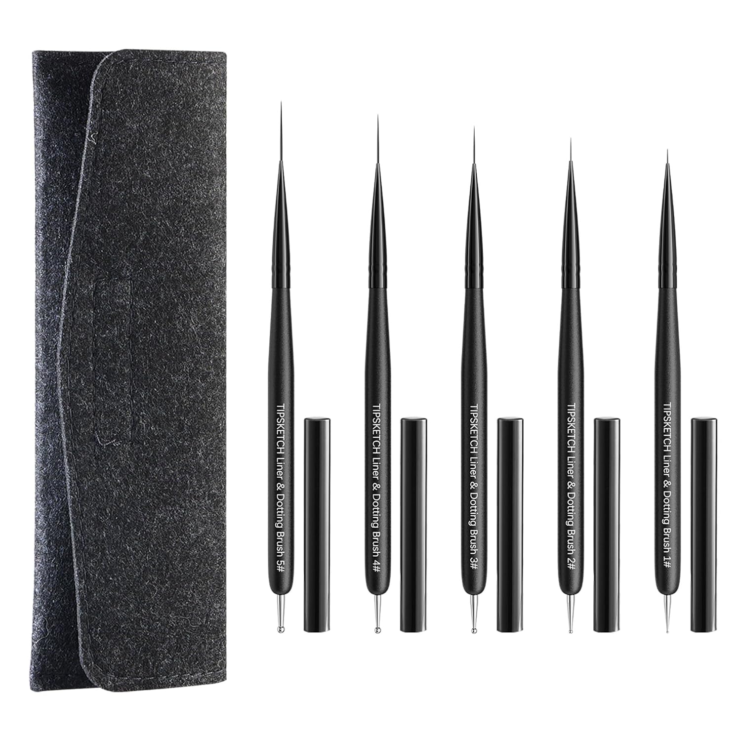 Nail Art Liner Brushes 5Pcs with Caps & Bag,Double‑Ended Thin Liner & Dotting Pen Set(4/8/12/15/20mm) for Long Lines,Fine Details,Gel Polish & Nail Painting