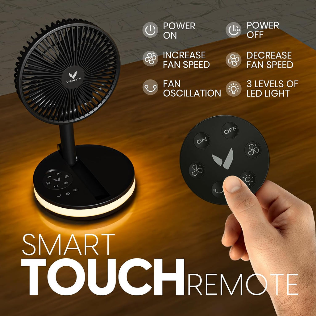 Venty Portable Fan - Wireless Battery Operated Fan - 4 Speeds - Led Lighting - Carry Case & Remote Control - Cruise Travel - Outdoor Travel Rv Power Bank With Usb-C Port (Black With Case)