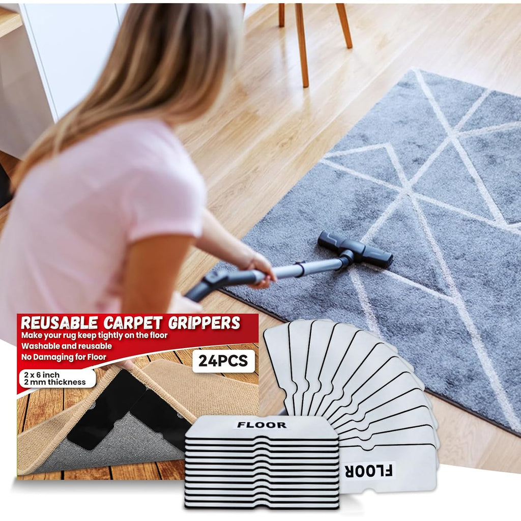 Rug Carpet Non Slip Grippers, Reusable Rug Tape Pads, No Damaging for Hardwood Floors, Strong Hold Carpet Corner Stickers for Area Rugs Flat, Removable, 8Pcs