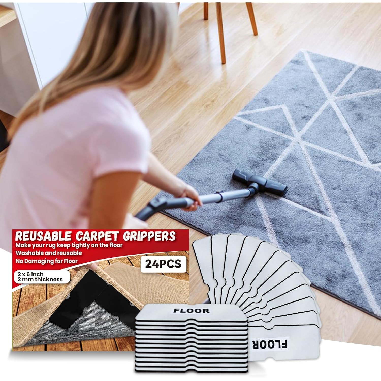 Rug Carpet Non Slip Grippers, Reusable Rug Tape Pads, No Damaging for Hardwood Floors, Strong Hold Carpet Corner Stickers for Area Rugs Flat, Removable, 8Pcs