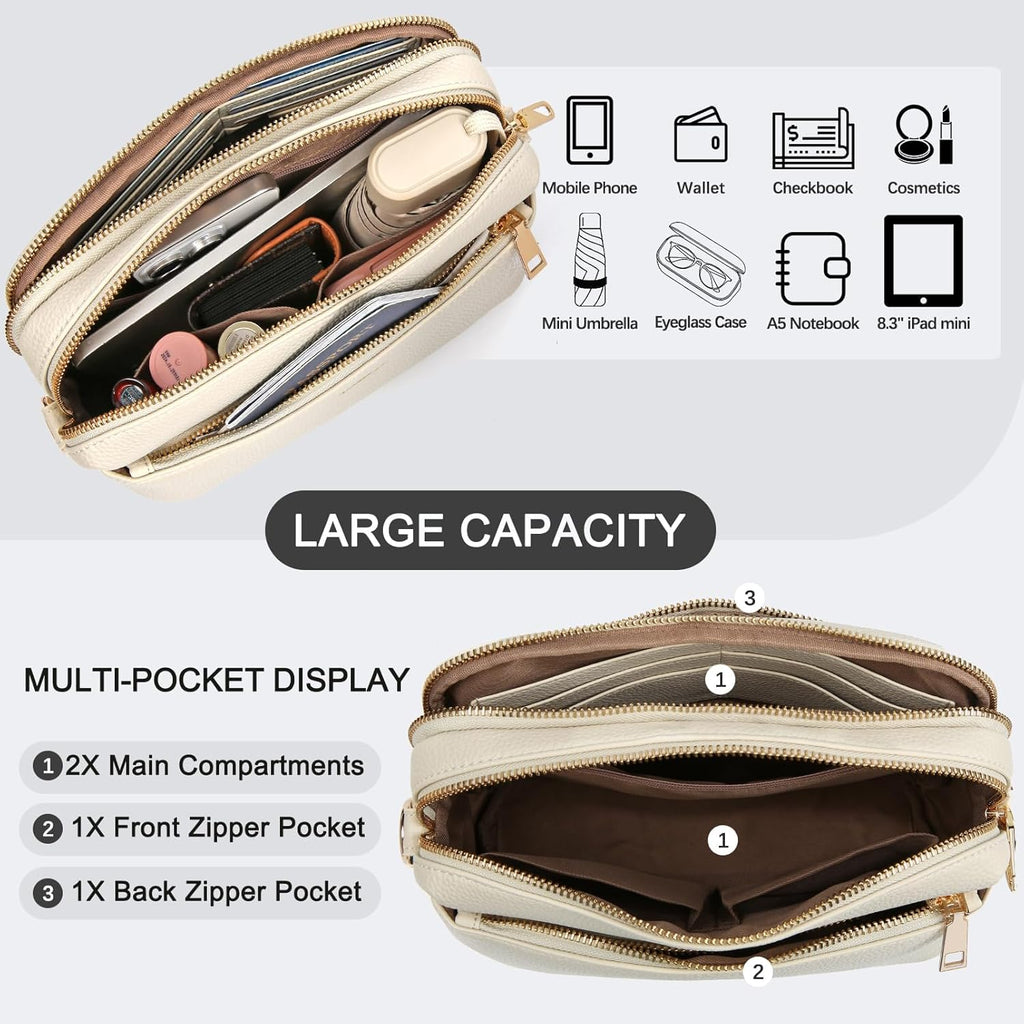 Crossbody Bag for Women Leather Purse Anti Theft Multi Pockets Wide Adjustable Strap Shoulder Handbag RFID Blocking