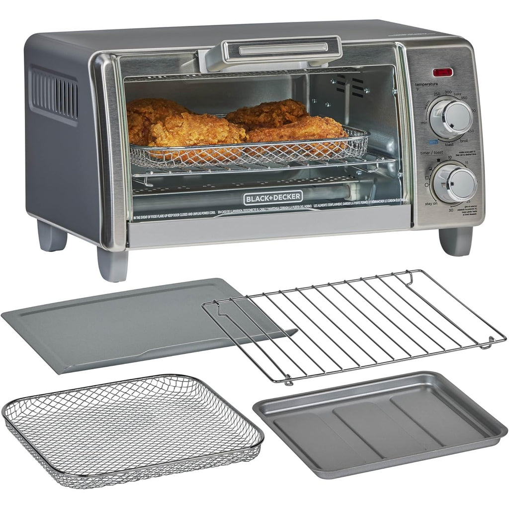 BLACK+DECKER Crisp 'N Bake Air Fry Countertop Convection Toaster Oven, Medium Capacity, 4-Slice, 5-in-1, Fits 9” Pizza, 30-Min Timer, Bake, Broil, Air Fry, Toast, Keep Warm, Stainless Steel