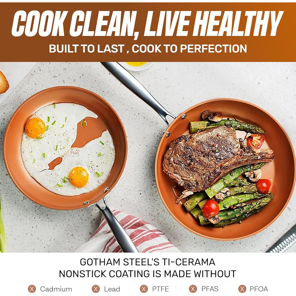Gotham Steel 9.5 Inch Copper Non Stick Frying Pans, Ceramic Non Toxic Frying Pans Nonstick Skillet Made Without PFOA PFOS, Lightweight, Stay Cool Handle, Oven and Dishwasher Safe