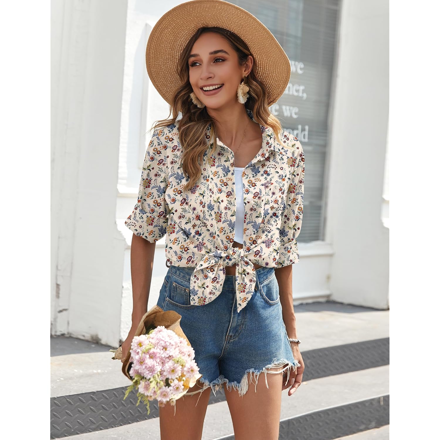 Womens Button Down Shirts Long Sleeve Cotton Gauze Tops Casual Collared Blouses Loose Fit