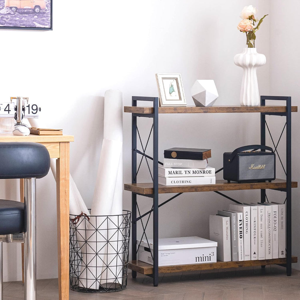 Hchqhs 3-Tier Industrial Bookshelf, 35" W X 12" D X 35" H | 1.2" Shelf Thickness, 14.17" Shelf Height, Wood And Metal, Horizontal, Rustic Brown, For Office Living Room Bedroom
