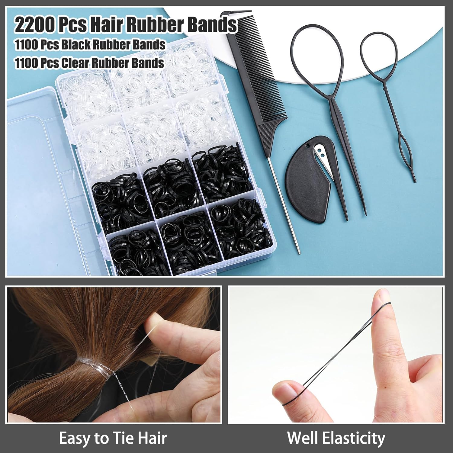2200 Pcs Elastic Hair Bands with Hair Loop Styling Tool Set, Clear and Black Elastic Hair Ties with Rubber Band Cutter Organizer Box Hair Accessories for Toddler Baby Girl Women