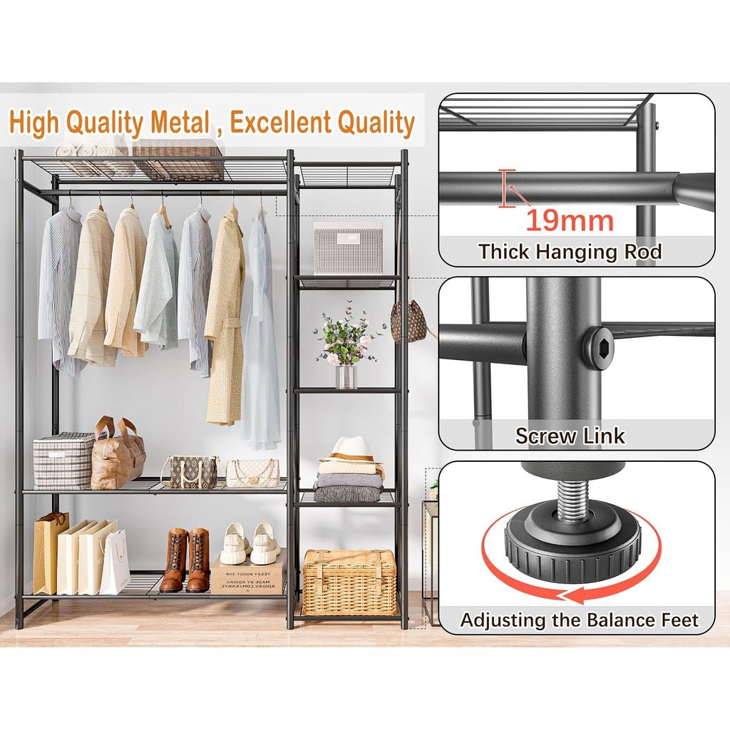 Wardrobe Closet,Portable Clothes Rack With 4 Tiers Shelves,Freestanding Closet Organizers And Storage System With Hanging Rods,Steel Clothing Rack Suitable For Cloakrooms,Bedrooms,Entrances,Etc.Black