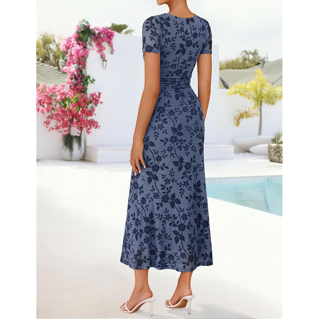 Zesica Womens 2026 Summer Floral Short Sleeve Bodycon Long Dress Ruched Mesh Formal Cocktail Party Wedding Guest Maxi Dresses