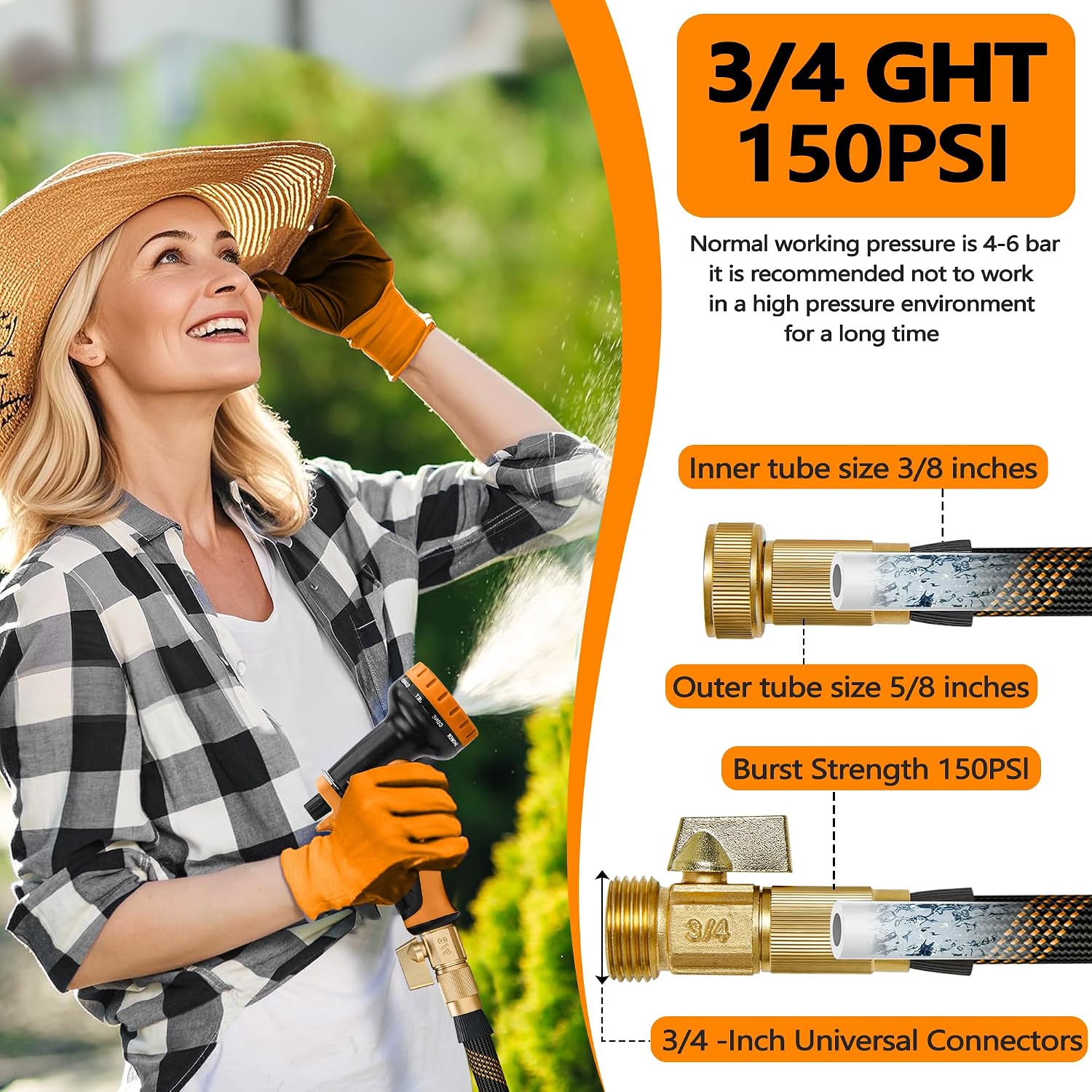 Flexible Garden Hose 100 Ft, Ultra Lightweight Water Hoses W/10 Function Sprayer And 3/4" Brass Fittings, Kink-Free, Sturdy, Abrasion Resistant For Yard, Lawn, Outdoor And Gardening(Black Orange)