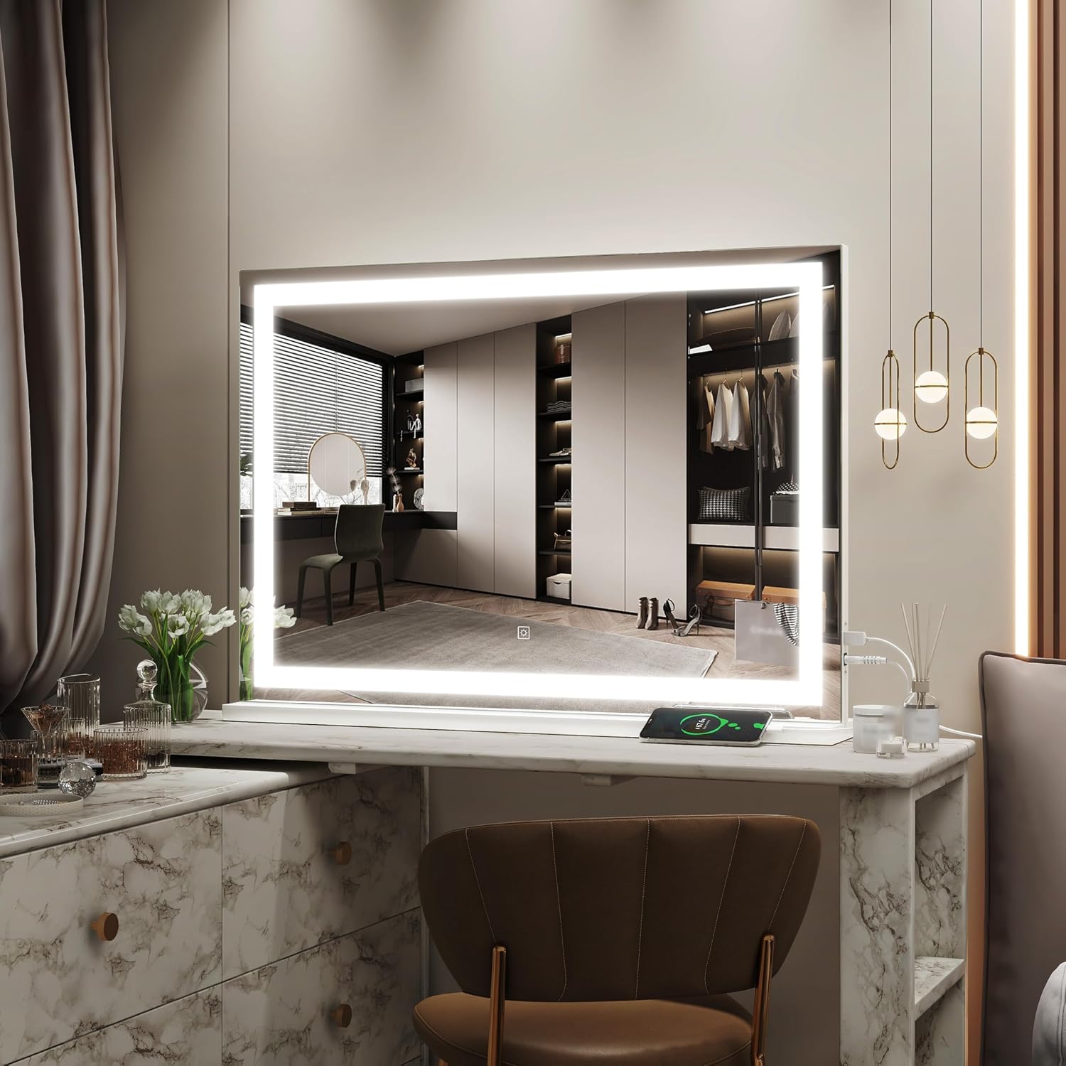 Rolove Vanity Mirror With Lights, 32" X 22" Large Lighted Vanity Mirror With Dimmable 3 Modes, Led Makeup Mirror, Usb Charging Port, Tabletop Or Wall-Mounted Square White