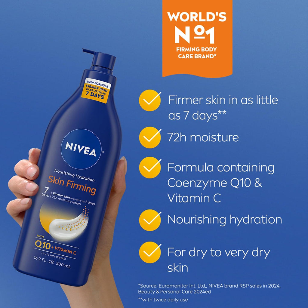 Nivea Nourishing Hydration Skin Firming Body Lotion With Q10 And Vitamin C, 72-Hour Body Moisturizer For Dry To Very Dry Skin, 16.9 Fl Oz Pump Bottle