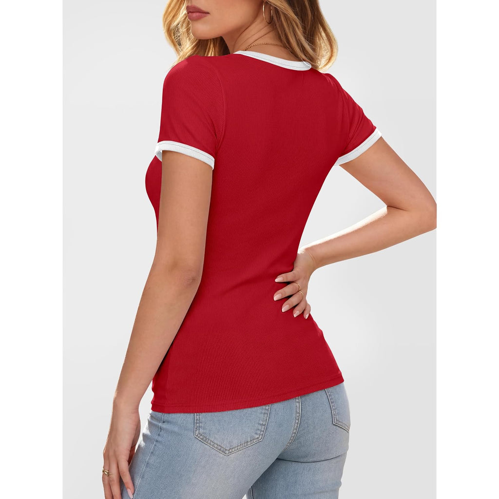 Anrabess Women Short Sleeve Tops Square Neck Ribbed Knit Color Block T Shirts Fitted Casual Summer 2026 Trendy Basic Tees