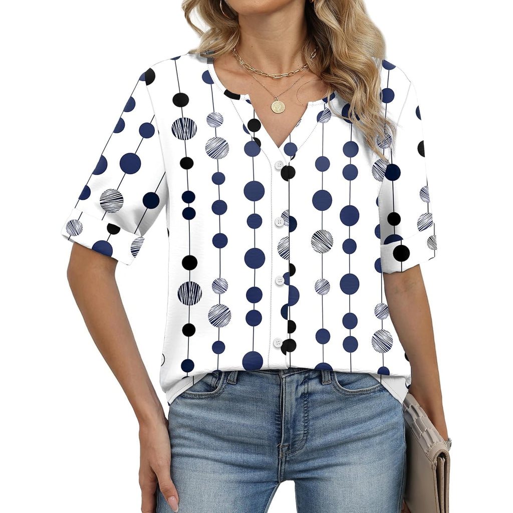 Ofeefan Button Down Shirts For Women 3/4 Length Sleeve Tops V Neck Blouses Business Casual Outfits Loose Fit