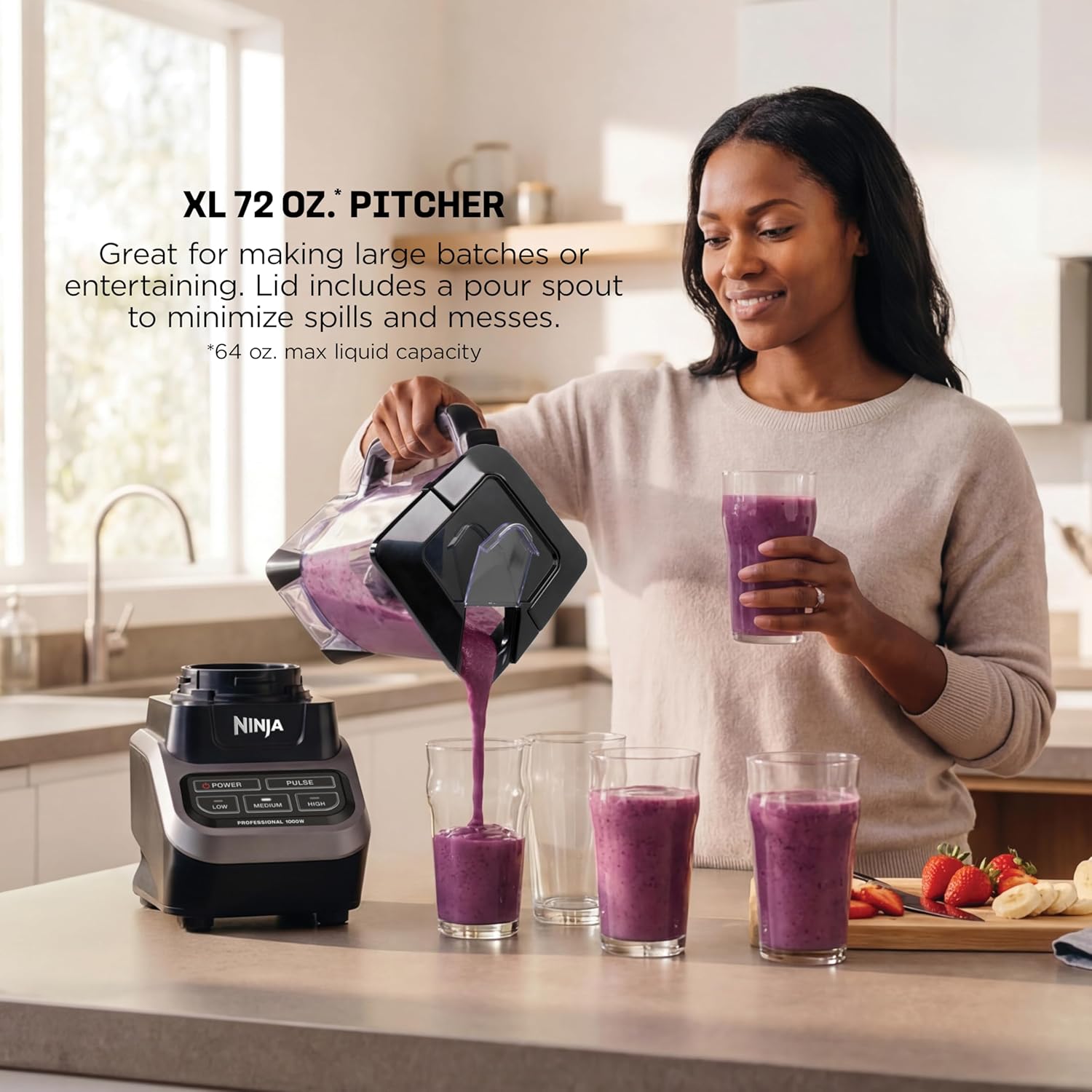 Ninja Professional Blender | Smoothie Blending, Drink Mixer, Grinder, Ice Crusher, Frozen Fruit Blending | 1000W Power, Total Crushing Technology, XL 72-oz. Pitcher | Black & Grey | BL610