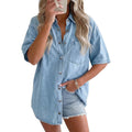 Women Short Sleeve Denim Shirt Button Down Oversized Denim Top Blouse Casual Loose Fit Jean Jacket Outfit With Pocket