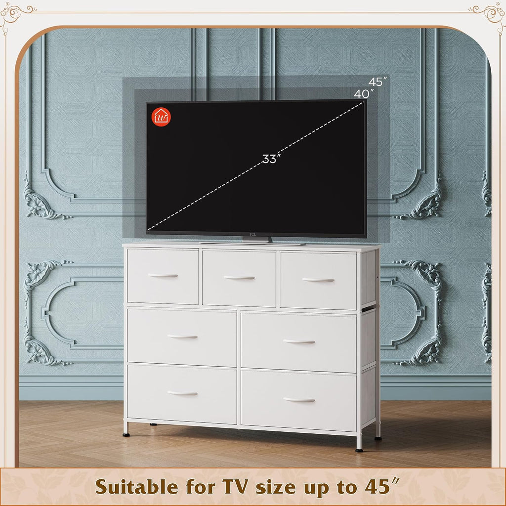 Wlive 7 Drawer Dresser Tv Stand, Dressers For Bedroom, Fabric Storage Tower, Hallway, Entryway, Closets, Sturdy Steel Frame, Wood Top, Easy Pull Handle, White