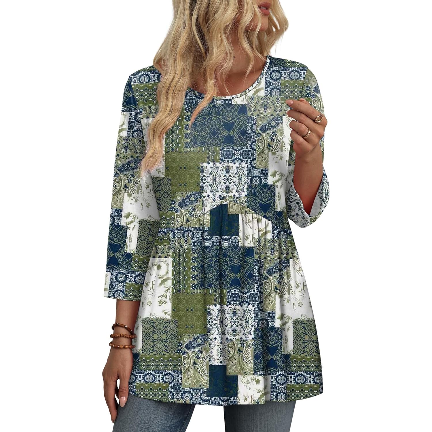 3/4 Length Sleeve Womens Tops Blouses for Women Dressy Casual Spring Fashion Clothing Crew Neck Babydoll Tops