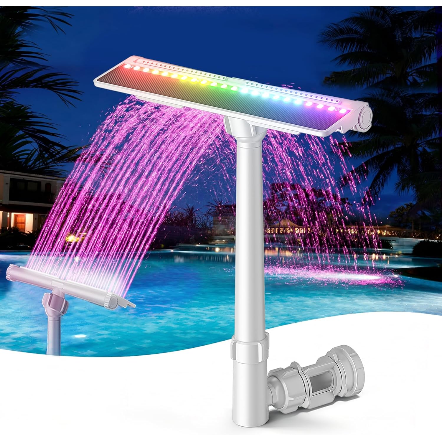 Solar Pool Fountain For Above Ground Pools And Inground Pools | Solar & Usb-C Dual Charging, 9-Color Auto-Sensing Lights, Dual Spray Waterfall, Adjustable Sprinkler For Relaxation