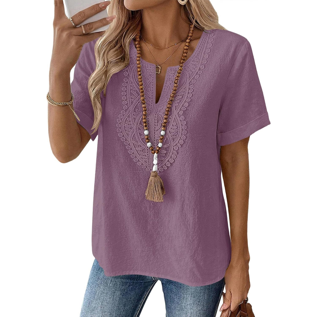 Lomon Womens Short Sleeve Tops Cotton Linen Shirts Loose Casual V Neck Lace Blouses Summer Vacation Clothes