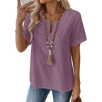 Lomon Womens Short Sleeve Tops Cotton Linen Shirts Loose Casual V Neck Lace Blouses Summer Vacation Clothes