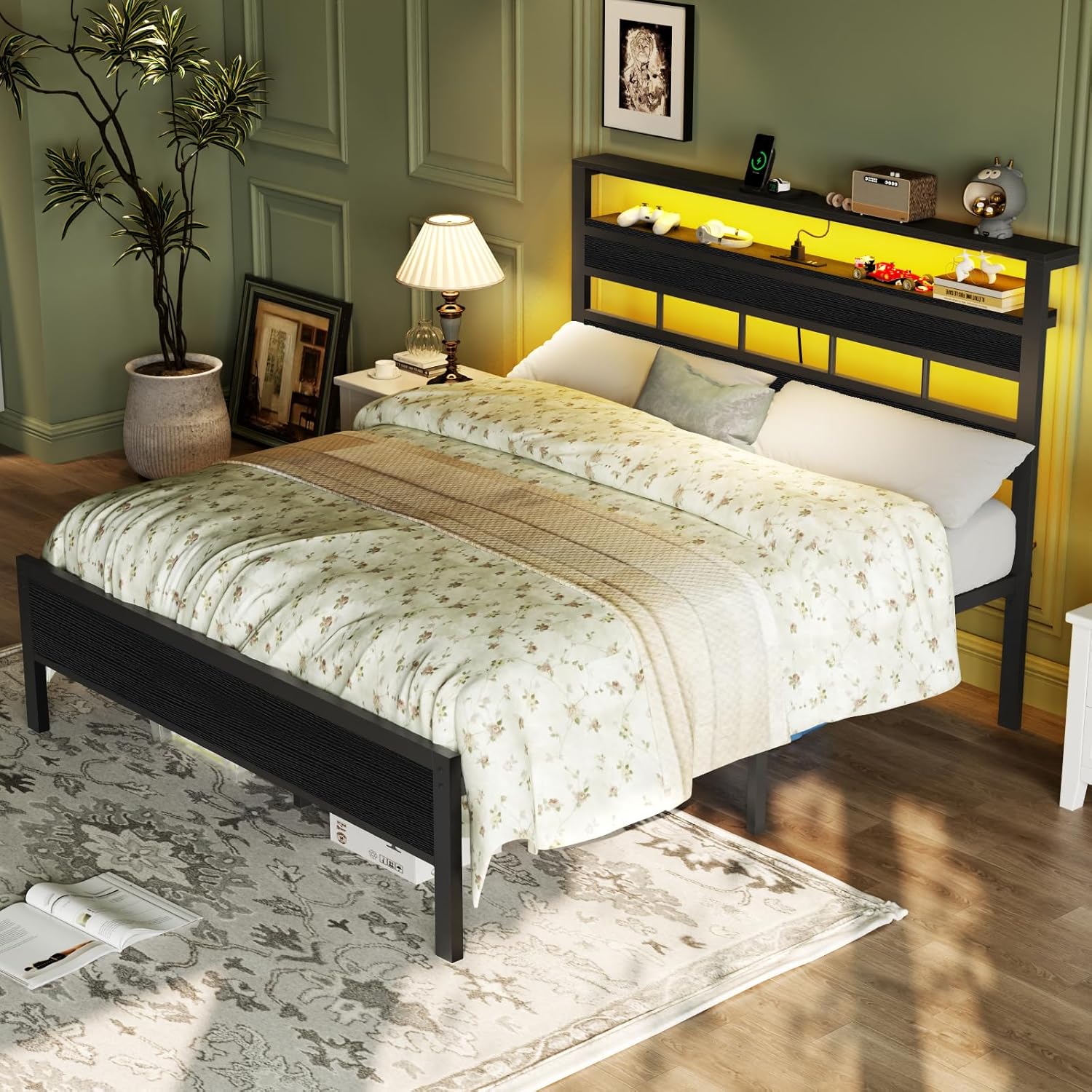 Furnulem Full Size Bed Frame with LED Light and Charging Station, Wood Storage Headboard with 2-Tier Shelves, Metal Platform Bed with Heavy Duty Slats Support, No Box Spring Needed, Black Oak