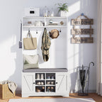 71" Hall Tree With Bench And Shoe Storage, Entryway Hall Tree With 2 Doors And 6 Adjustable Shelves, Cushioned Storage Bench With Coat Rack For Hallway, Living Room, Mudroom