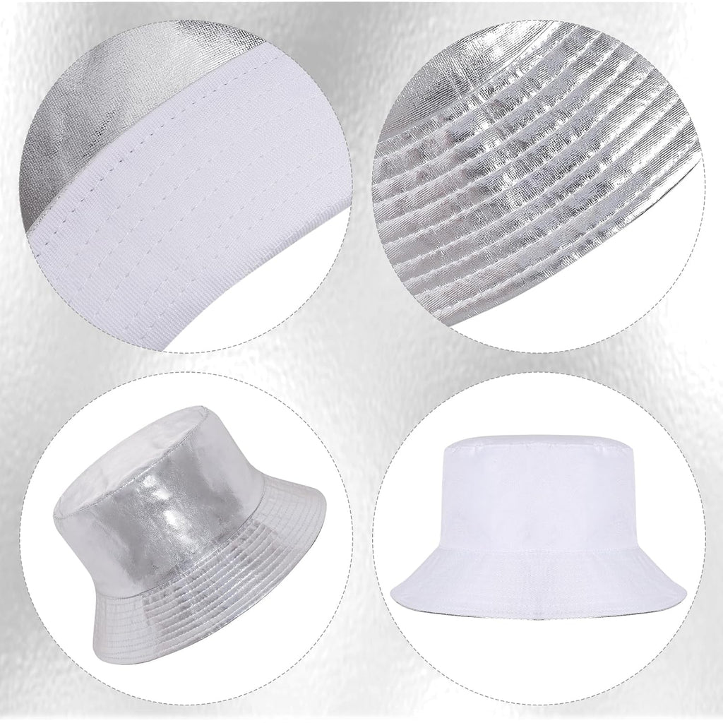 Fumwase Metallic Bucket-Hat Unisex Trendy Fisherman Sun Cap Packable Party Accessories Hats for Men Women Sliver