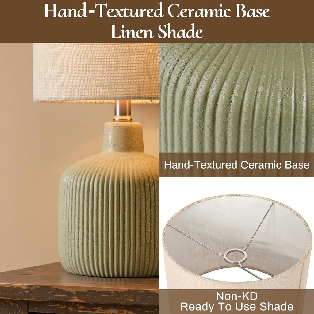 Ceramic Table Lamp, Oliver Green, 17.75" | Beige Linen Shade, Warm Ambient Lighting, Bedside Nightstand, Natural