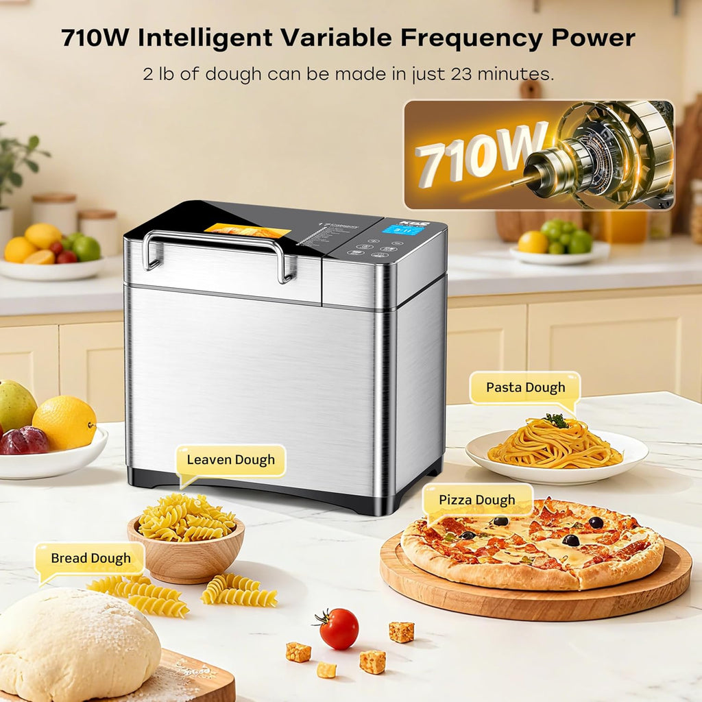 KBS Pro 710W 2LB Bread Maker, Stainless Steel 17-in-1 Smart Bread Machine with Healthy Ceramic Pan, Automatic Nut Dispenser, Tempered Glass Touch Panel, 3 Crust Colors, 15H Timer& Keep-Warm, Recipes