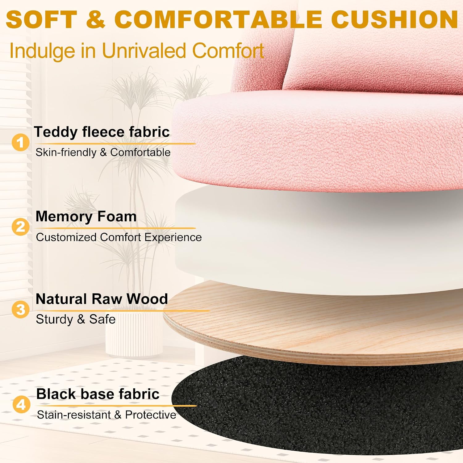 Misolant Vanity Chair With Back, Armless Cute Office Chair With Wheels For Girls, Teddy Fleece Fabric Small Desk Chairs With Adjustable Height, Lumbar Support Pillow, 360°Swivel For Makeup Room, Pink