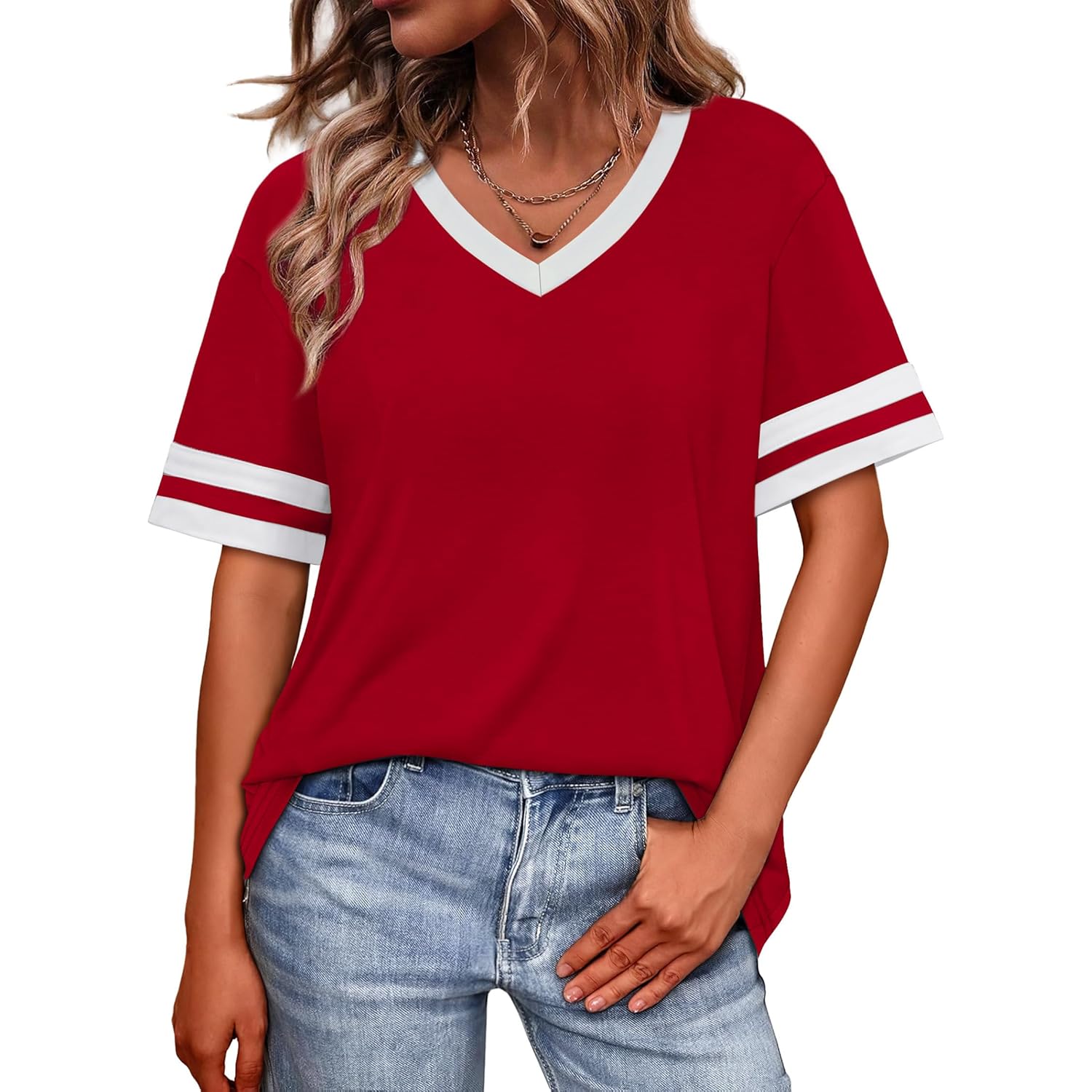 Womens T Shirts Loose Fit Short Sleeve Tees V Neck Color Block Summer Tops 2026 Fashion S-4XL