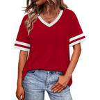 Womens T Shirts Loose Fit Short Sleeve Tees V Neck Color Block Summer Tops 2026 Fashion S-4XL