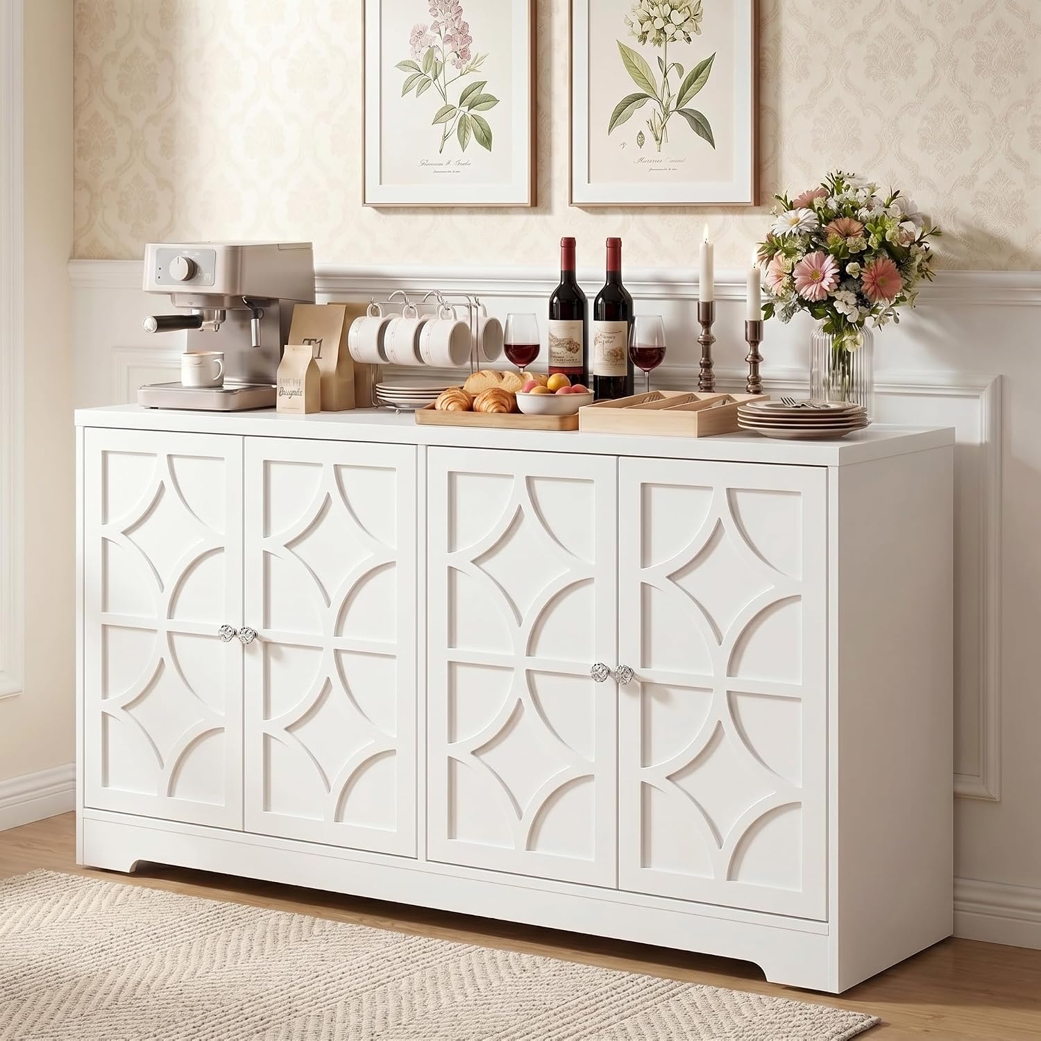 Royalcraft Sideboard Buffet Cabinet With Storage, 56" Modern Sideboard With 4 Carved Doors, Large Wood Coffee Bar Console Table For Kitchen, Dining Room, Entryway, Living Room, Satin White