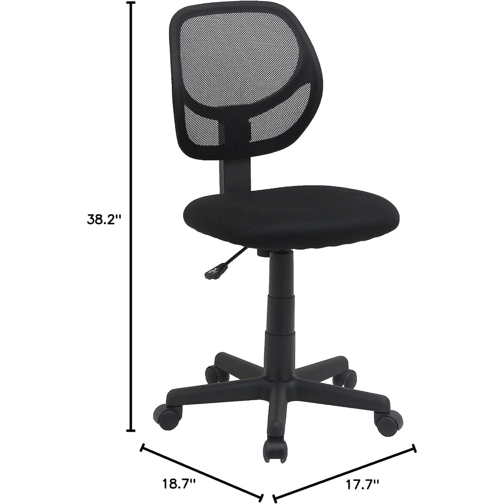 Amazon Basics Low Back Office Chair, Breathable Mesh, Height Adjustable, Padded Seat, Rolling Wheels, Swivel, Back Support, Sturdy, 21.25" D X 22.5" W X 38" H, Black