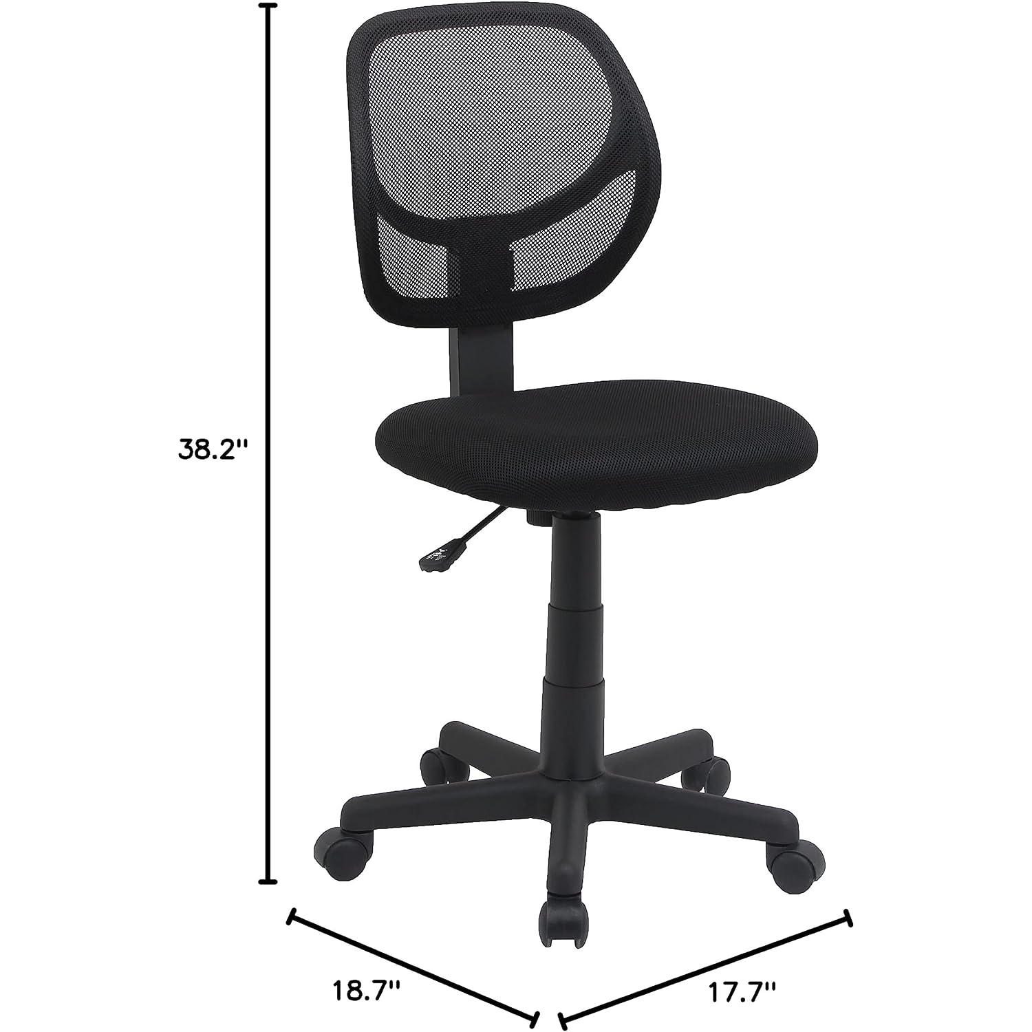 Amazon Basics Low Back Office Chair, Breathable Mesh, Height Adjustable, Padded Seat, Rolling Wheels, Swivel, Back Support, Sturdy, 21.25" D X 22.5" W X 38" H, Black