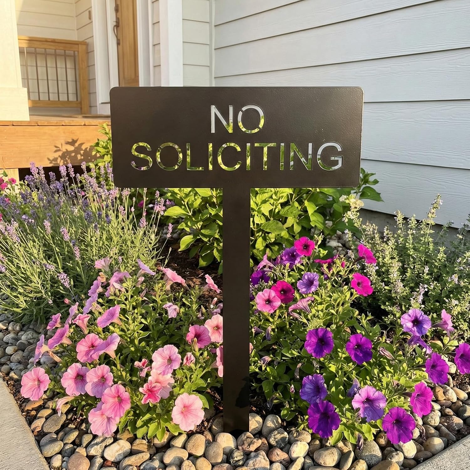 No Soliciting Metal Yard Sign For House, Modern Steel No Soliciting Sign, Outdoor No Soliciting Yard Sign For Front Yard Or Planter, 4.1” X 10.6” With 10.2” Stake, Black