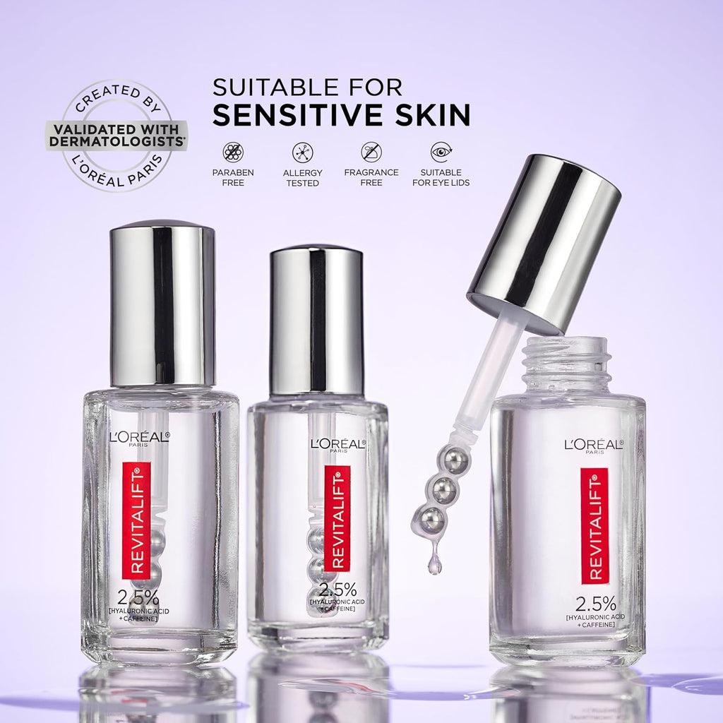 L'Oreal Paris Revitalift Hyaluronic Acid + Caffeine Hydrating Eye Serum For Dark Circles, Fragrance Free .67 Fl. Oz + Moisturizer Sample