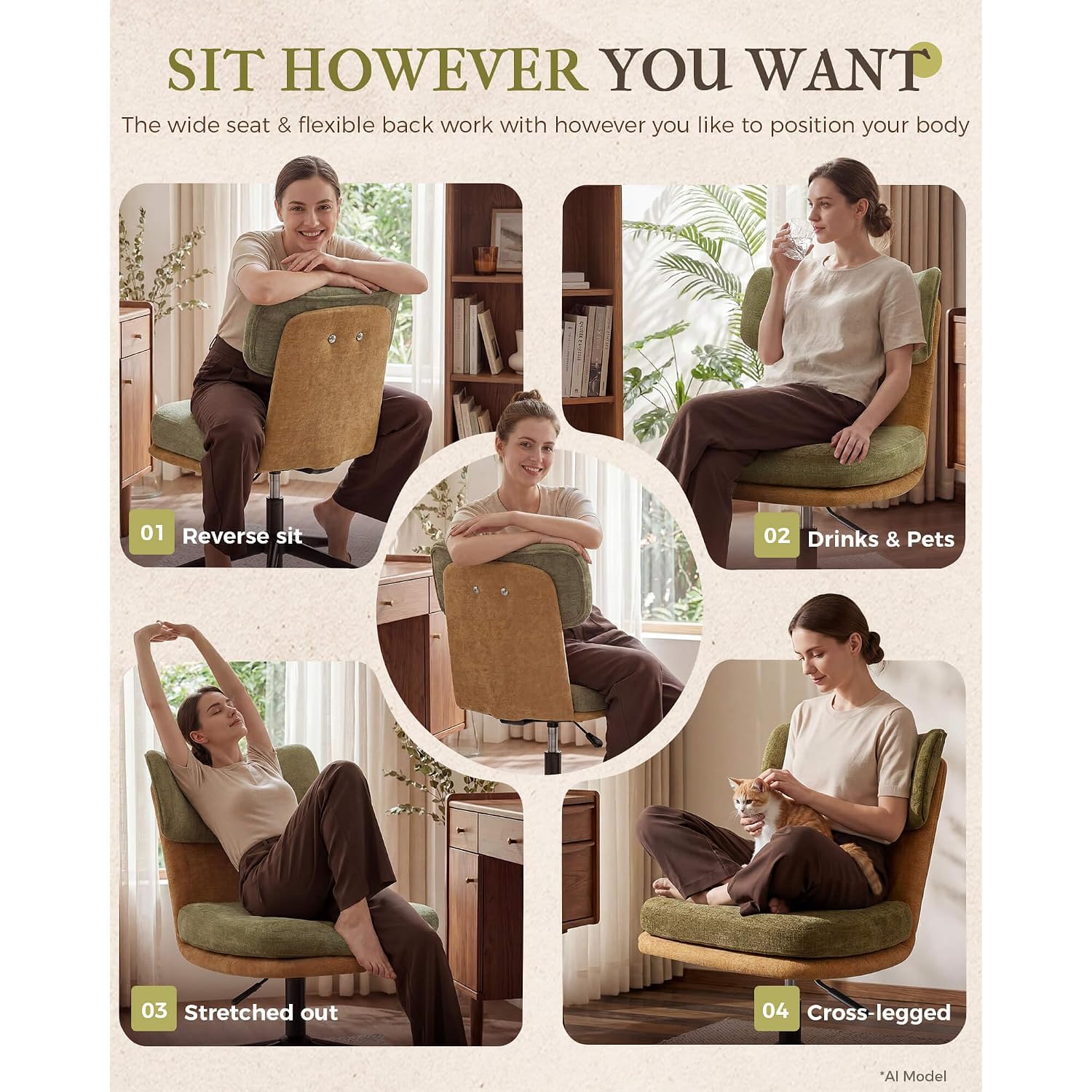 Comhoma Home Office Desk Chairs With Ergonomic Curved Backrest, Mid Century Modern Vanity Chair With Wheel For Bedroom, Chenille Upholstered, Green