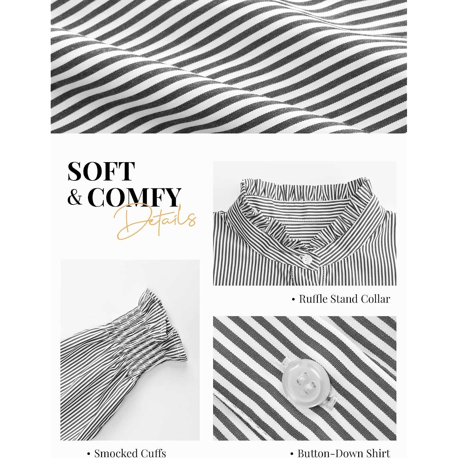 Funlingo Women'S Striped Button Down Shirts Long Sleeve Smocked Cuffed Ruffle Collar Blouses Spring Work Business Casual Tops